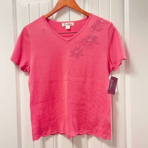 NWT Pink Floral Knit Cottagecore Tee Blouse - Picture 2 of 12